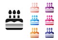 Black Cake with burning candles icon isolated on white background. Happy Birthday. Set icons colorful. Vector. Royalty Free Stock Photo