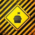 Black Cake icon isolated on yellow background. Happy Birthday. Warning sign. Vector Royalty Free Stock Photo