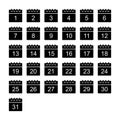 Black calendar icons set. Days 1 to 31. Glyph style date shapes. Royalty Free Stock Photo