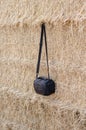 A black camera bag hangs against a wall of dry straw. A small wa Royalty Free Stock Photo