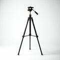 Black camera tripod with adjustable legs and a pan-tilt head, positioned on a white Royalty Free Stock Photo