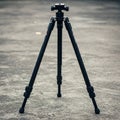 A black camera tripod stands on a textured concrete surface. It has three adjustable Royalty Free Stock Photo