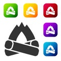 Black Campfire icon isolated on white background. Burning bonfire with wood. Set icons in color square buttons. Vector Royalty Free Stock Photo