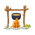 Black camping pot over a campfire in cartoon style isolated on white background. Wooden sticks, fire with stones Royalty Free Stock Photo