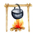 Black camping pot over a campfire watercolor illustration isolated on white background. Bonfire campfire, Burning fire