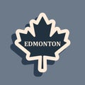 Black Canadian maple leaf with city name Edmonton icon isolated on grey background. Long shadow style. Vector Royalty Free Stock Photo