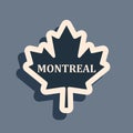 Black Canadian maple leaf with city name Montreal icon isolated on grey background. Long shadow style. Vector Royalty Free Stock Photo