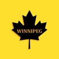 Black Canadian maple leaf with city name Winnipeg icon isolated on yellow background. Long shadow style. Vector