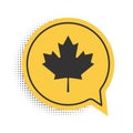 Black Canadian maple leaf icon isolated on white background. Canada symbol maple leaf. Yellow speech bubble symbol