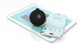 Black cannonball bomb with smartphone and tablet