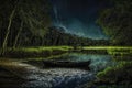 Black canoe on a starry lake in a mossy forest