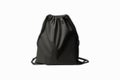 Black canvas drawstring backpack mockup, front view, 3d rendering. Empty linen or fabric haversack mock up, isolated.
