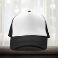 Black cap made from fabric material on dressing room background with mockup baseball caps style. White caps template place on