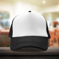 Black cap made from fabric material on dressing room background with mockup baseball caps style. White caps template place on