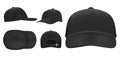 Black cap mockup. Sport baseball caps template, summer hat with visor and uniform hats different views realistic 3D