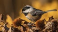 A Black-capped Chickadee on sunflower generate by AI
