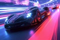 A black car drives down a street at night, creating streaks of light as it moves through the city, A futuristic sports car Royalty Free Stock Photo