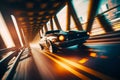 Black car driving down street next to tall bridge at night. Generative AI Royalty Free Stock Photo