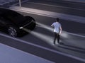 Black car emergency braking avoid car accident from pedestrian walking cross road at darkness Royalty Free Stock Photo