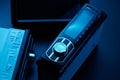 Black car radio tape recorder on black background, audio system, control panel Royalty Free Stock Photo