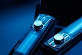 Black car radio tape recorder on black background, audio system, control panel Royalty Free Stock Photo