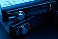 Black car radio tape recorder on black background, audio system, control panel Royalty Free Stock Photo