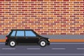 Black car running beside a brick wall and urban road vector. Cityscape area with a black car running concept. Simple urban roads