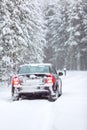 Black car standing on a country road in winter