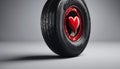 Black car tire with red heart. Concept of vulcanization. Royalty Free Stock Photo