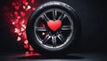 Black car tire with red heart. Concept of vulcanization. Royalty Free Stock Photo