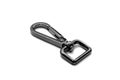 Black carabiner isolated on white background. Metal fittings.