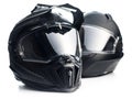 Black carbon motorcycle helmet. Offroad motocross helmet with shield isolated on white background Royalty Free Stock Photo