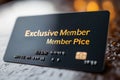 A black card with gold embossing that says Exclusive Member Pice Royalty Free Stock Photo
