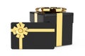 Black Cardoard Gift Box, Black Gift Card with Golden Ribbon and Bow. 3d Rendering Royalty Free Stock Photo