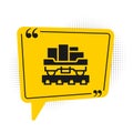 Black Cargo train wagon icon isolated on white background. Full freight car. Railroad transportation. Yellow speech bubble symbol Royalty Free Stock Photo