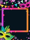Black carnival background with colorful masks and confetti.