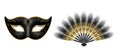 Black carnival venetian mask, masquerade feather fan with gold ornament