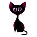 Black cartoon cat with big purple eyes. Vector hand drawn illustration. Use for wall printing, pillows, children`s interior decora
