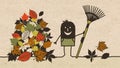 Black Cartoon Gardener with Autumn Leaves