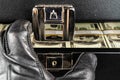 Black case full of dollar bills close up.Money bricks in case Royalty Free Stock Photo