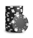 Black casino chips stacked on white background. Poker game Royalty Free Stock Photo