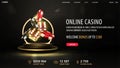 Black casino web banner with gold 3D dice with red and black realistic gambling stack of casino chips on gold podium. Royalty Free Stock Photo