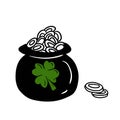 Black cast iron cauldron full of golden coins money pot with leprechaun savings. Saint Patrick\'s day, shamrock,