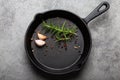 Black cast iron frying pan with rosemary, garlic, pepper top view Royalty Free Stock Photo