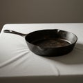 A black cast iron skillet rests on a white cloth-covered table. The skillet is round with a Royalty Free Stock Photo