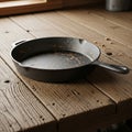 A black cast iron skillet with a textured surface rests on a wooden table. The table Royalty Free Stock Photo