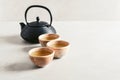 Black cast iron teapot and three ceramic cups of green tea Royalty Free Stock Photo