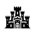 Black castle icon. Kingdom tower fantasy gothic architecture building silhouette. Medieval fortress palace. Royal old Royalty Free Stock Photo