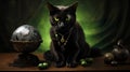 Black cat as witch's Familiar on the table with various witch attributes. Halloween concept. Generative AI Royalty Free Stock Photo