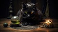 Black cat as witch's Familiar on the table with various witch attributes. Halloween concept. Generative AI Royalty Free Stock Photo